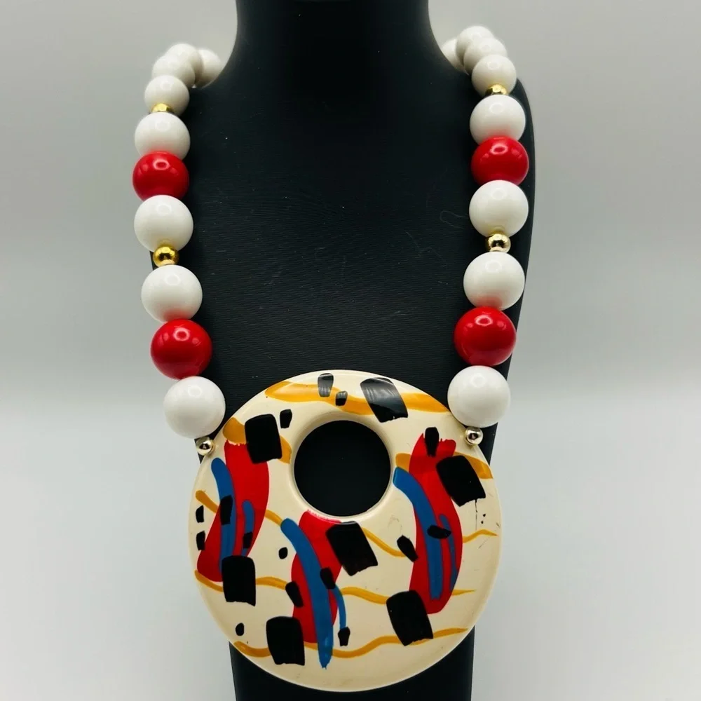 Vintage Abstract Statement Necklace Red White Beads Large Pendant
